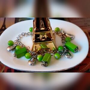 Green bead/Silver Teardrop bracelet Charm